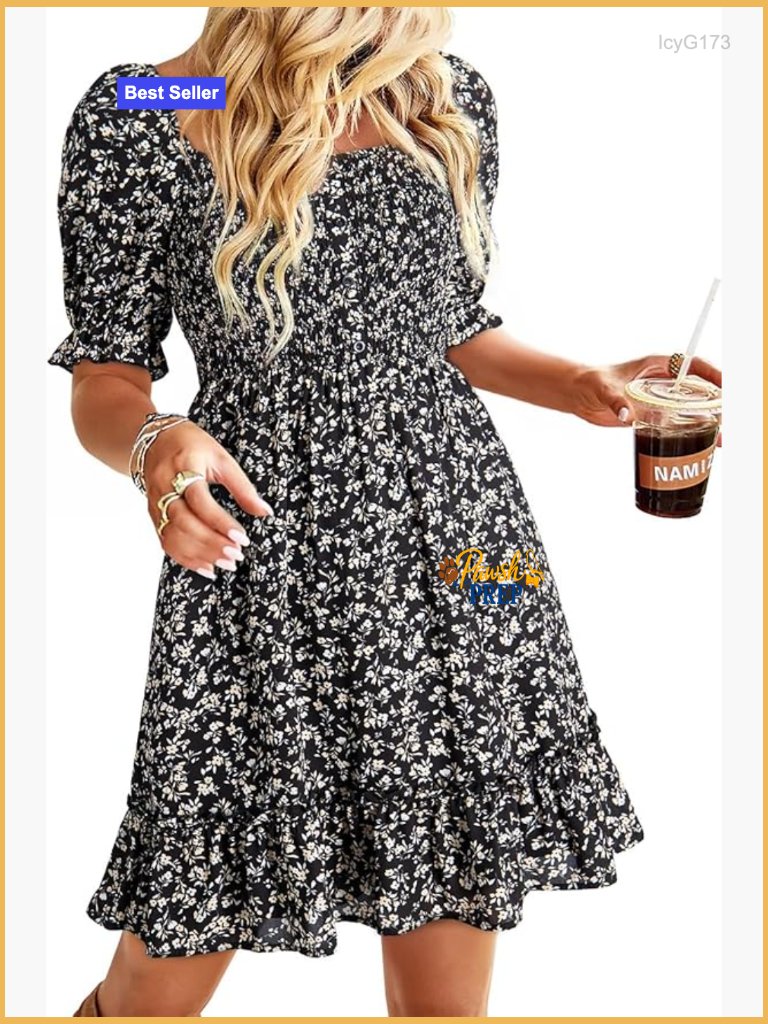 Cotton Square Neck Smocked Mini Dress With Puff Sleeves Flowy A-Line